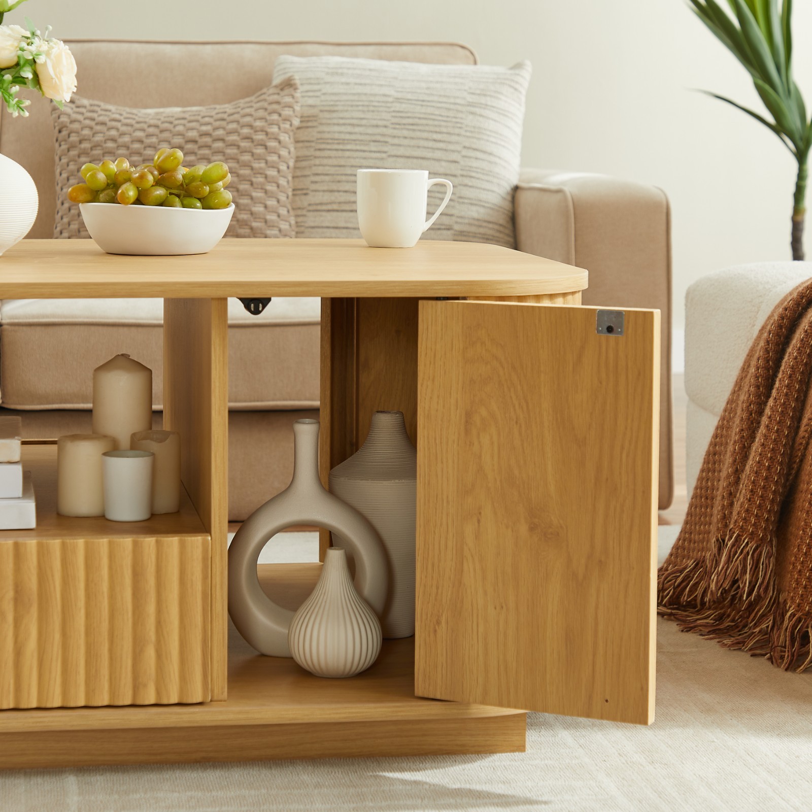 Modern Oval Coffee Table Center Table With Storage Drawers Doors For Living Room