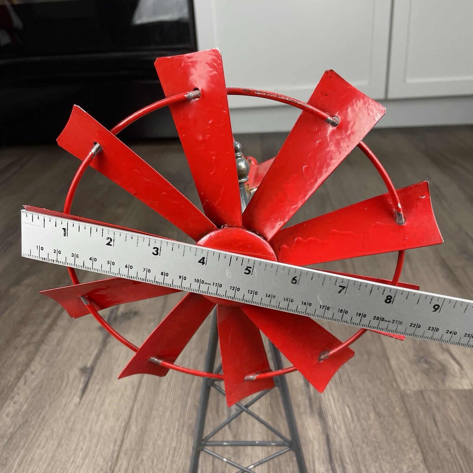 Vintage Small Metal Red Table Top Windmill Tower 8.5” Blade About 16” Tall