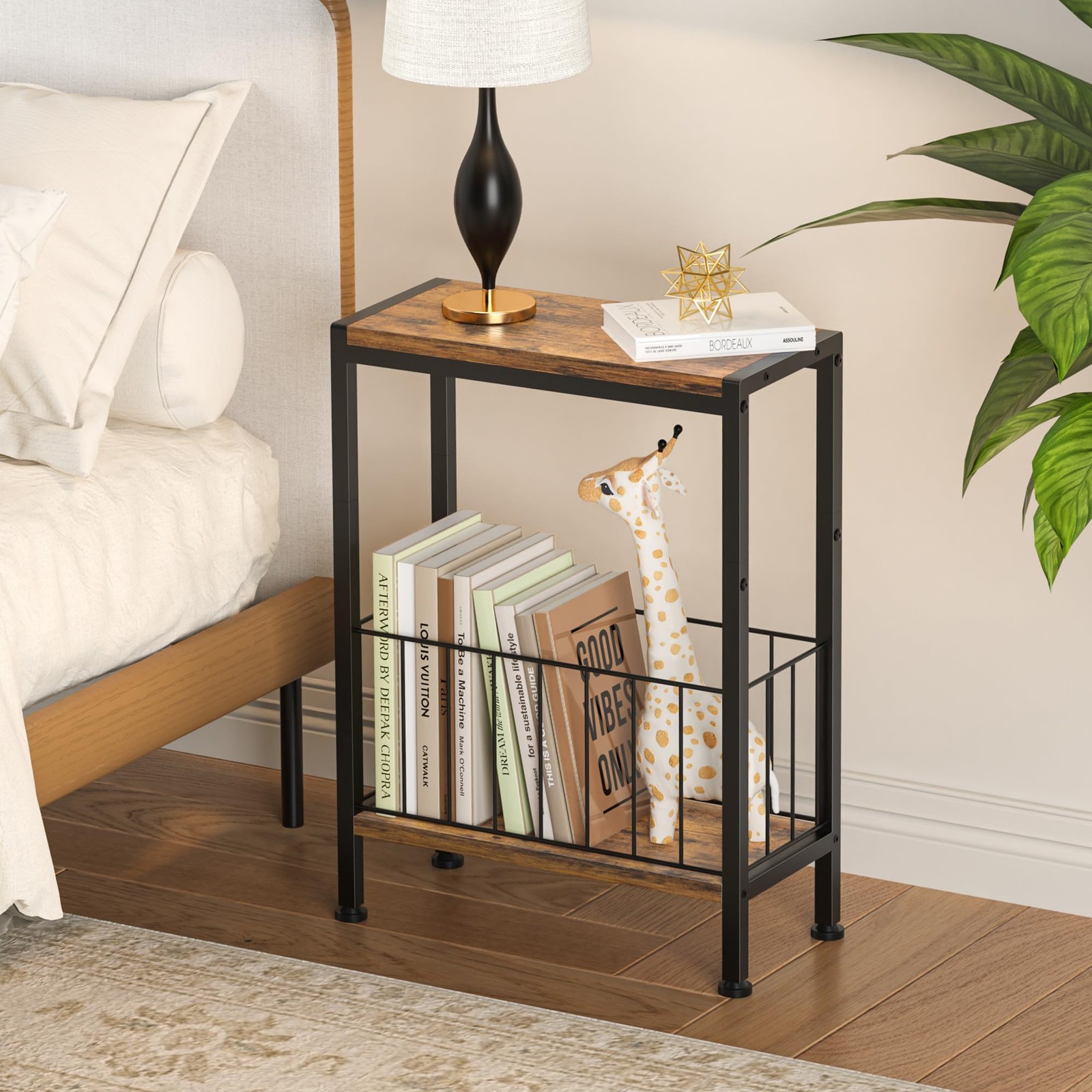 1 PCS Rustic Brown Narrow Side End Table Magazine Holder Small Spaces Sofa