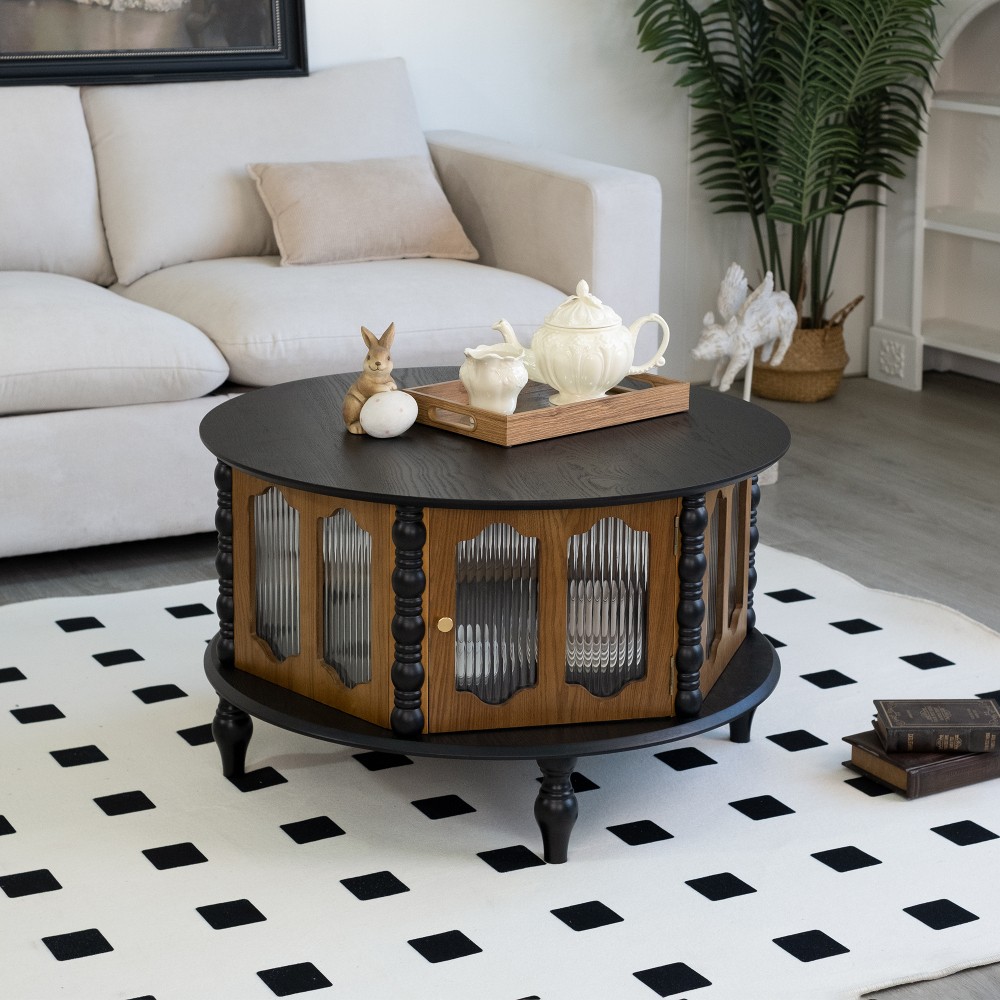 31.5 in Round Three-Door Storage Coffee Table Real Wood Veneer Coffee Table