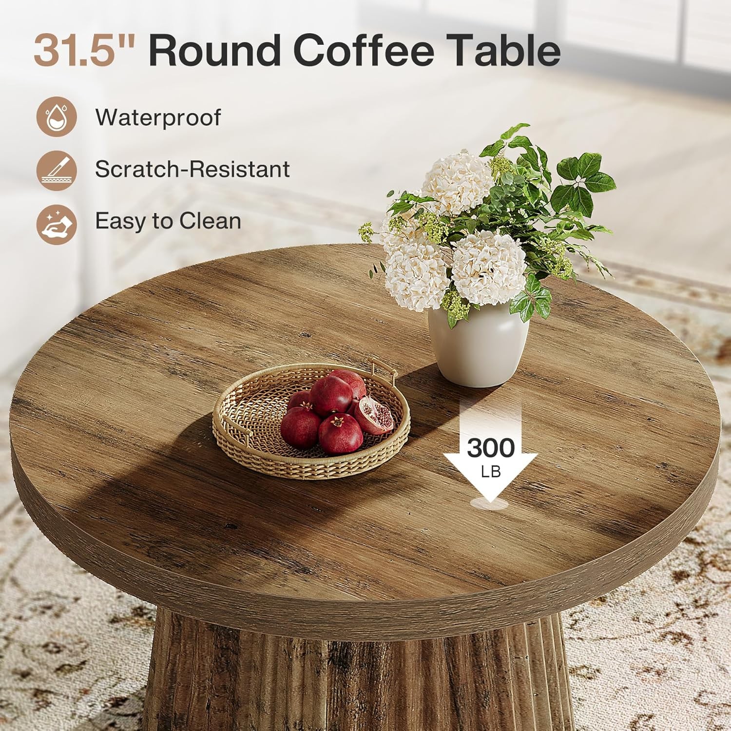 31.5-Inch Round Coffee Table Farmhouse Accent Center Tea Table with Fluted Base