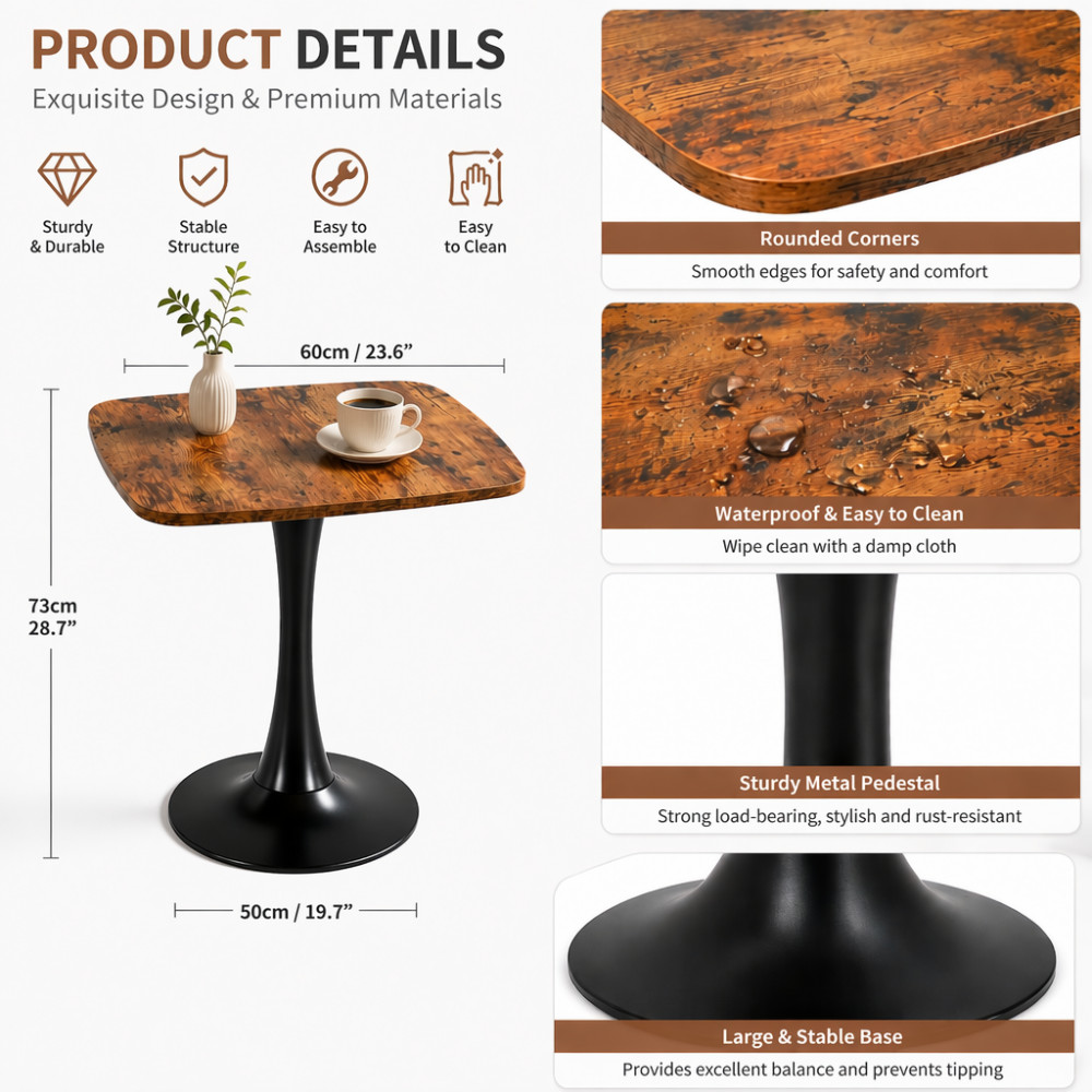 24″ Square Tulip Table with MDF Tabletop & Matte Black Metal Pedestal Base