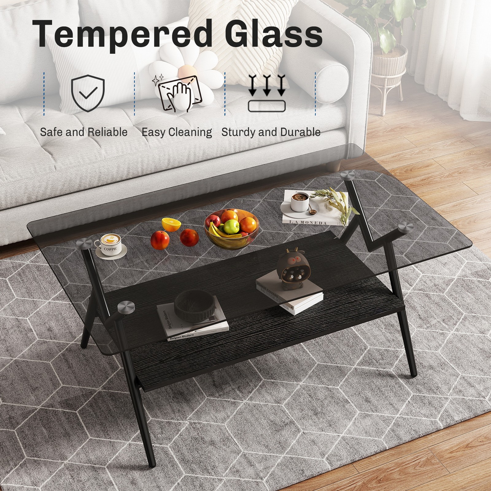 W38.6″ Tempered Glass Metal Legs Coffee Table Sofa Cocktail Centre Table w Shelf