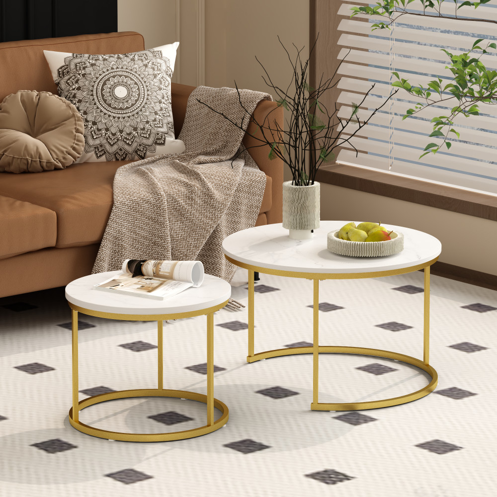 Nesting Coffee Table Set of 2, Round Marble Top with Metal Frame, White