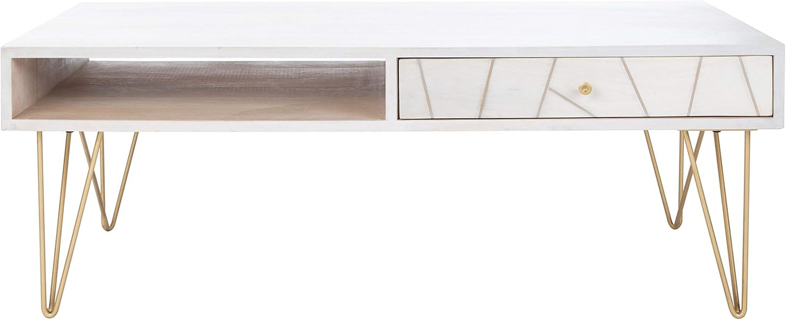 Mid-Century White Wash Coffee Table with Brass Hairpin Legs – Marigold Collectio