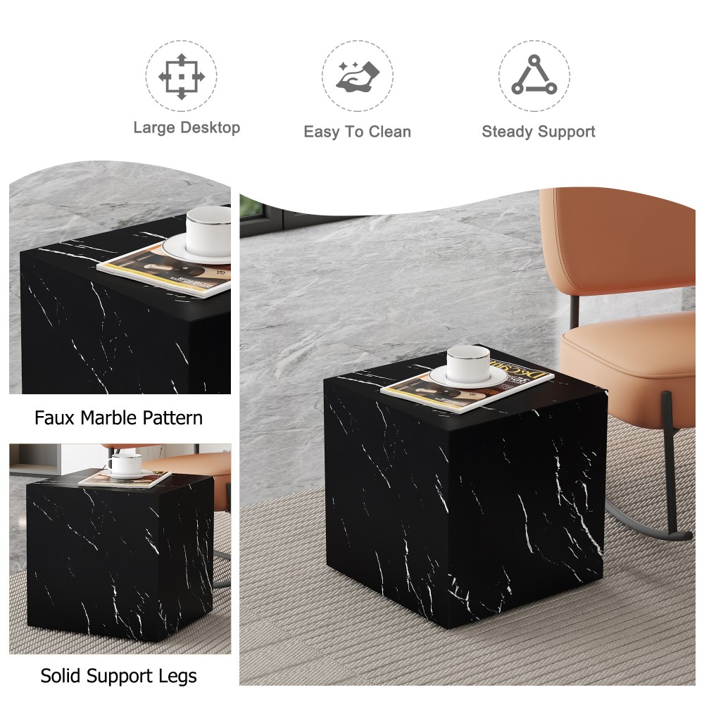 Modern Black Cube Coffee Table 15.7in, MDF Marble Texture End & Sofa Side Table