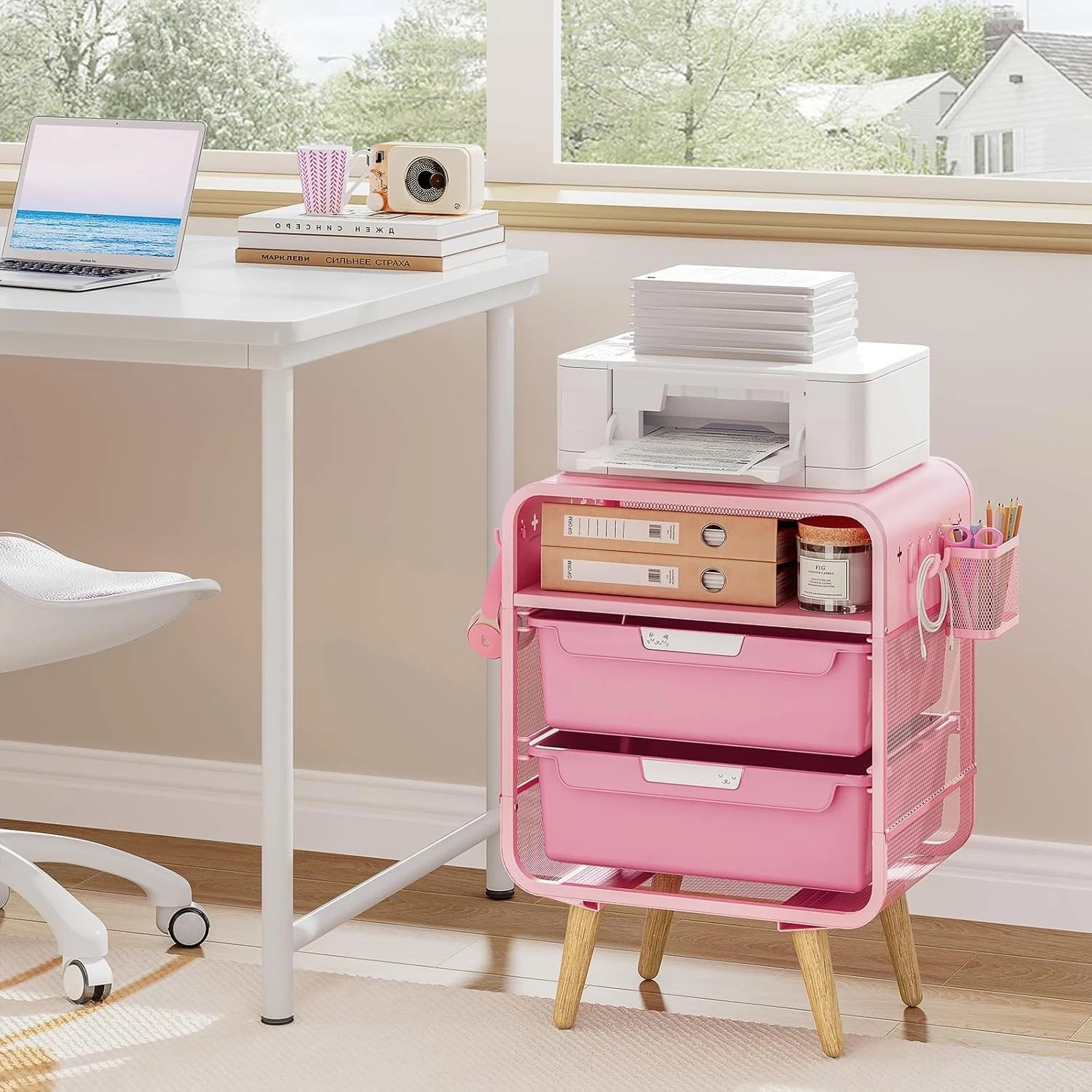 Pink Nightstand,Cute End Table with Storage Drawer,Kids Nightstand for