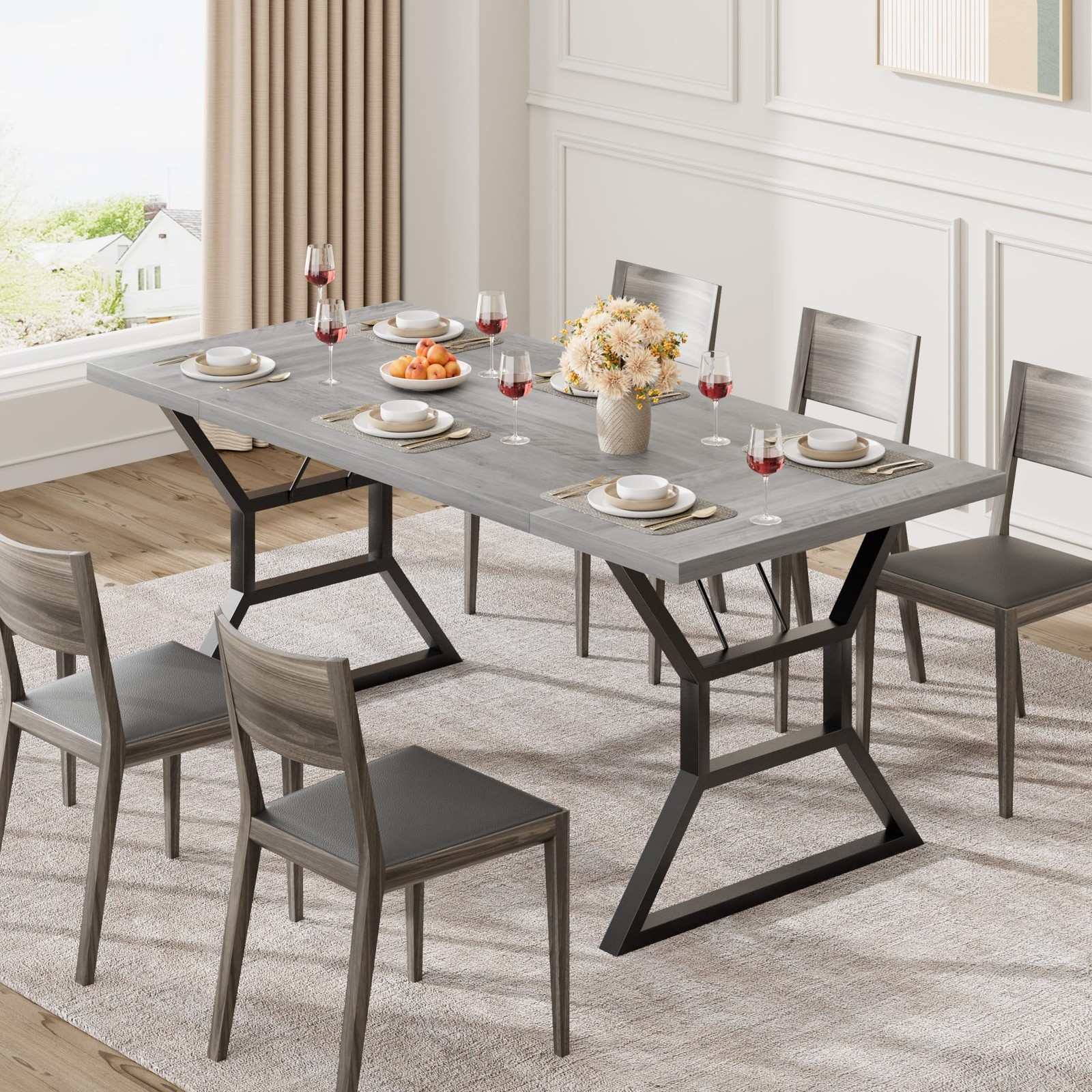71” Rectangular Dinning Table for 6-8, Farmhouse Kitchen Table with X-Shaped…
