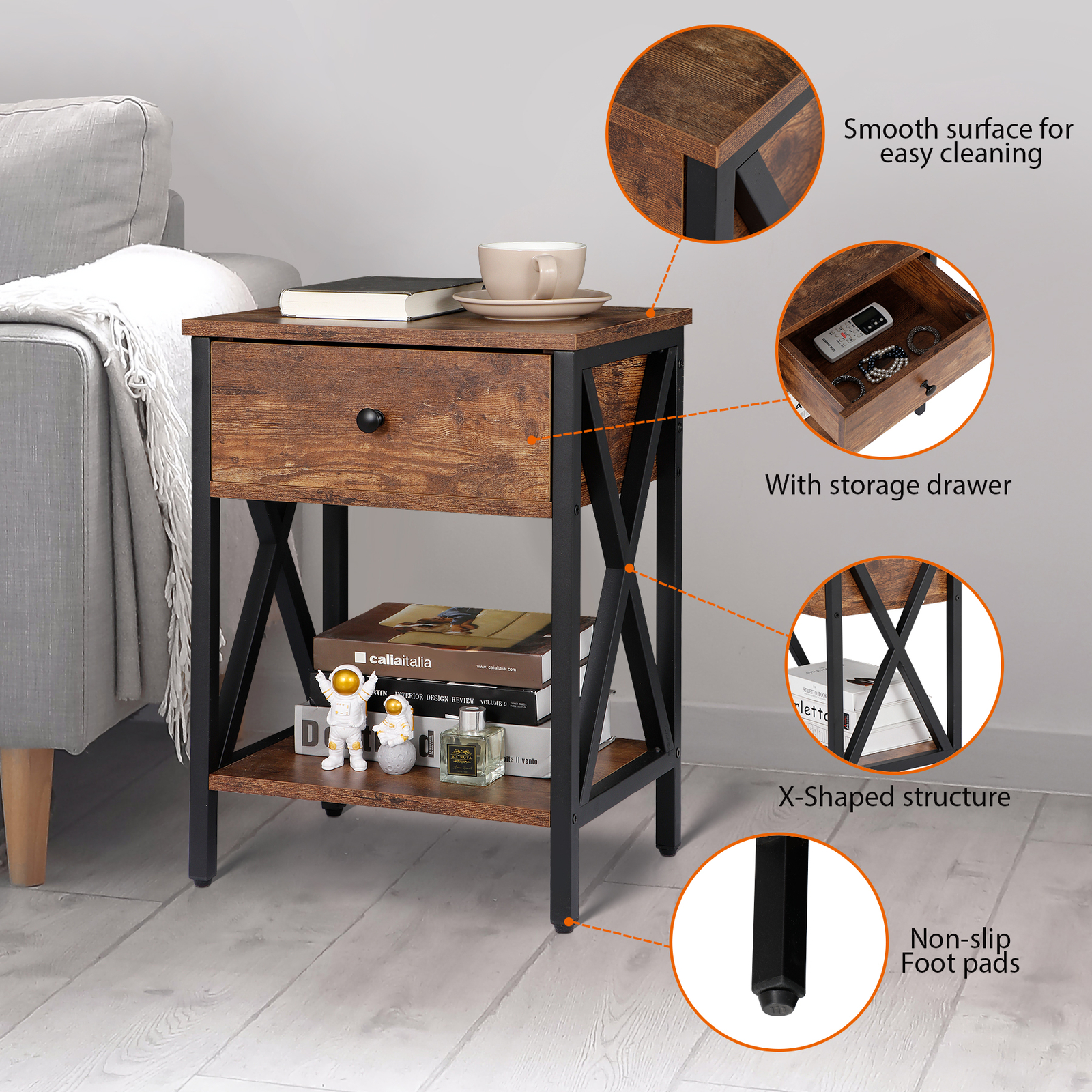 Set of 2 End Tables X-Design Legs Side Sofa Table Storage Shelf W/Drawer Brown