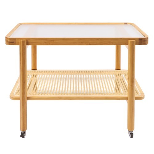 Side Table Nature Rattan Glass End Table 2-Tier with Storage Bamboo Table