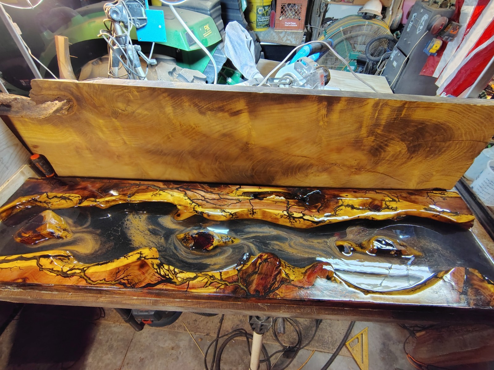 Red Cedar Epoxy Translucent River Table With Electricity Fracked Accents