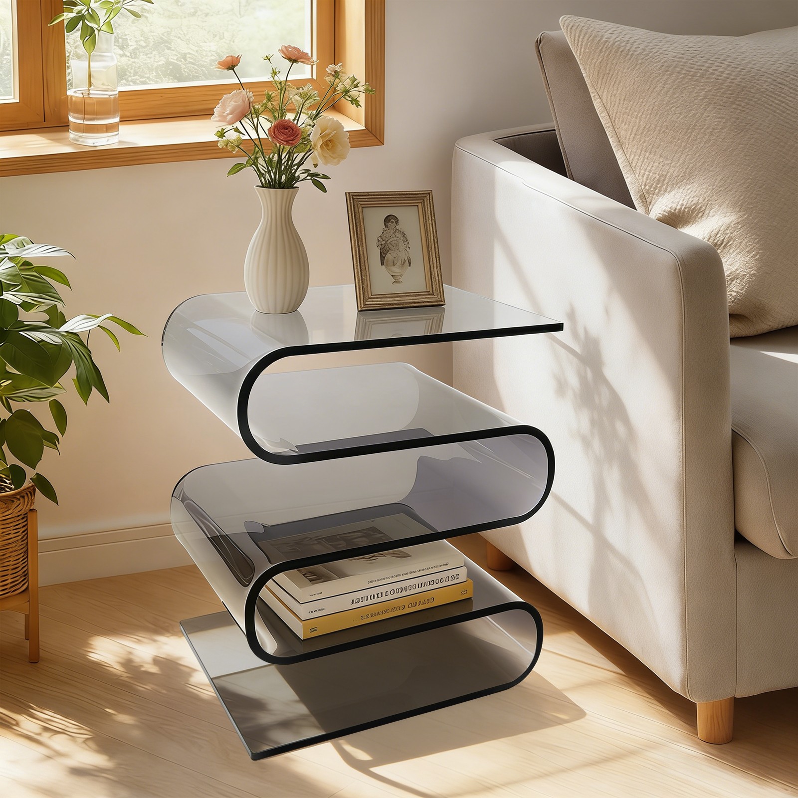 S-Shaped Side Table Creative Nightstand for Bedroom and Living Room Black