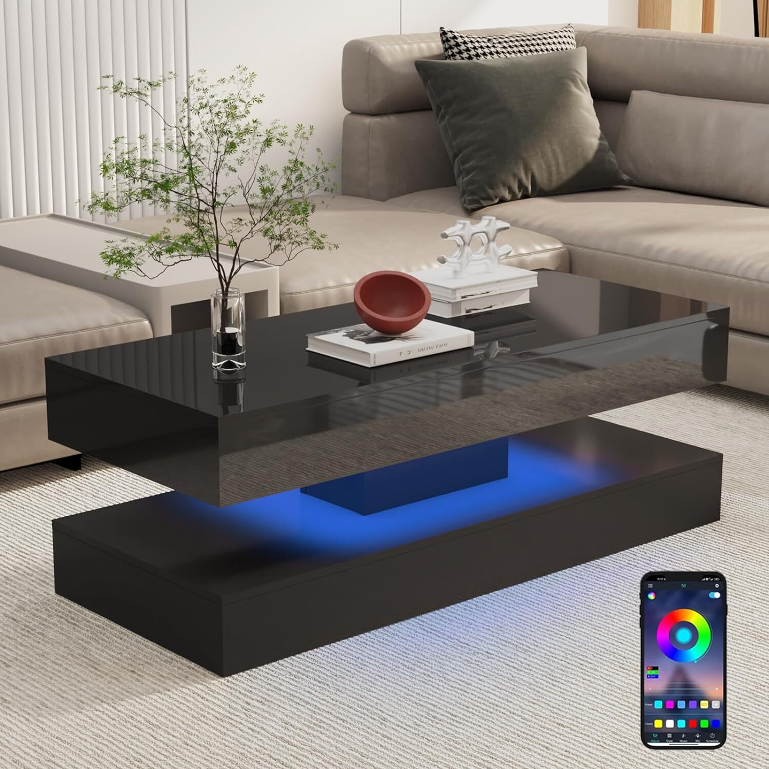 47.3″ Modern High Glossy LED Coffee Table with 2 Storage Drawers, APP LED Lights
