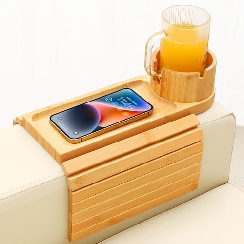 Couch Cup Holder Tray, 15.75″ Cup Holder for Couch, 3 in 1 Foldable Arm Bamboo