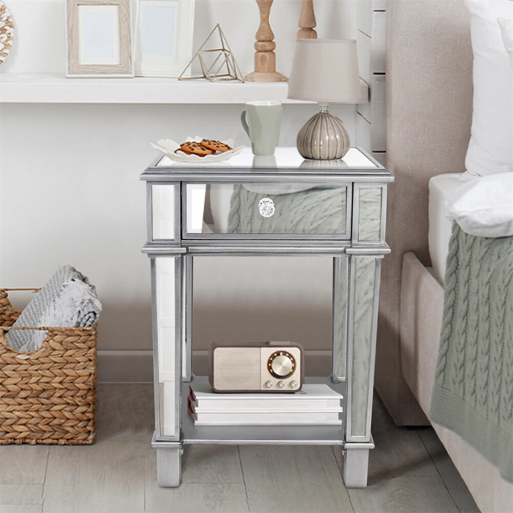 Drawer Mirrored Nightstand Side End Table Bedside Table for Bedroom Living Room