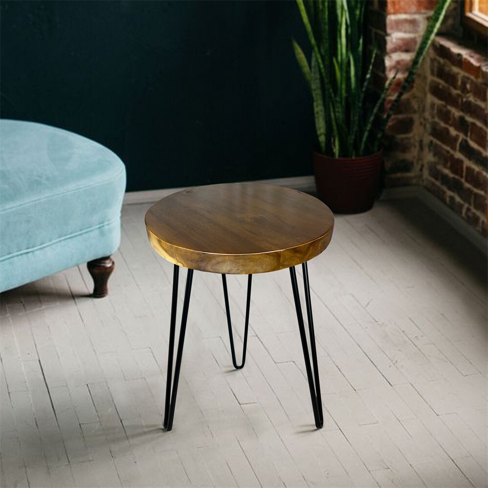 Natural Teak Wood Round End Side Table with Hairpin Legs 21″ H Home Decor