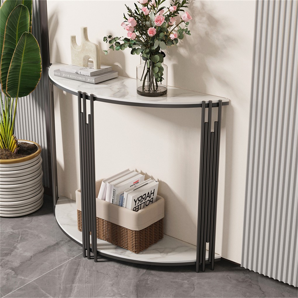2 Tier Half Moon Marble Console Table Narrow Entryway Table Unique Geometric Leg