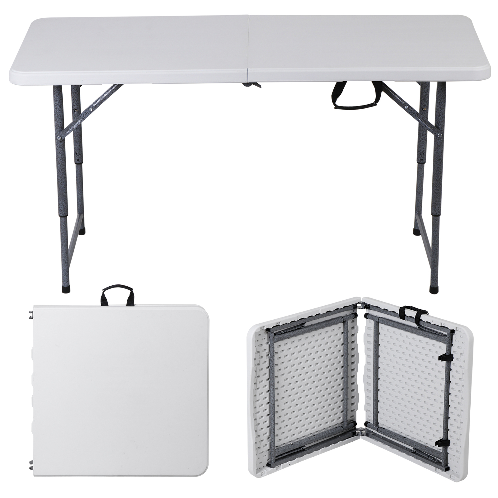 Folding Table Adjustable 4FT Plastic Table Picnic Camping w/Carry Handle White