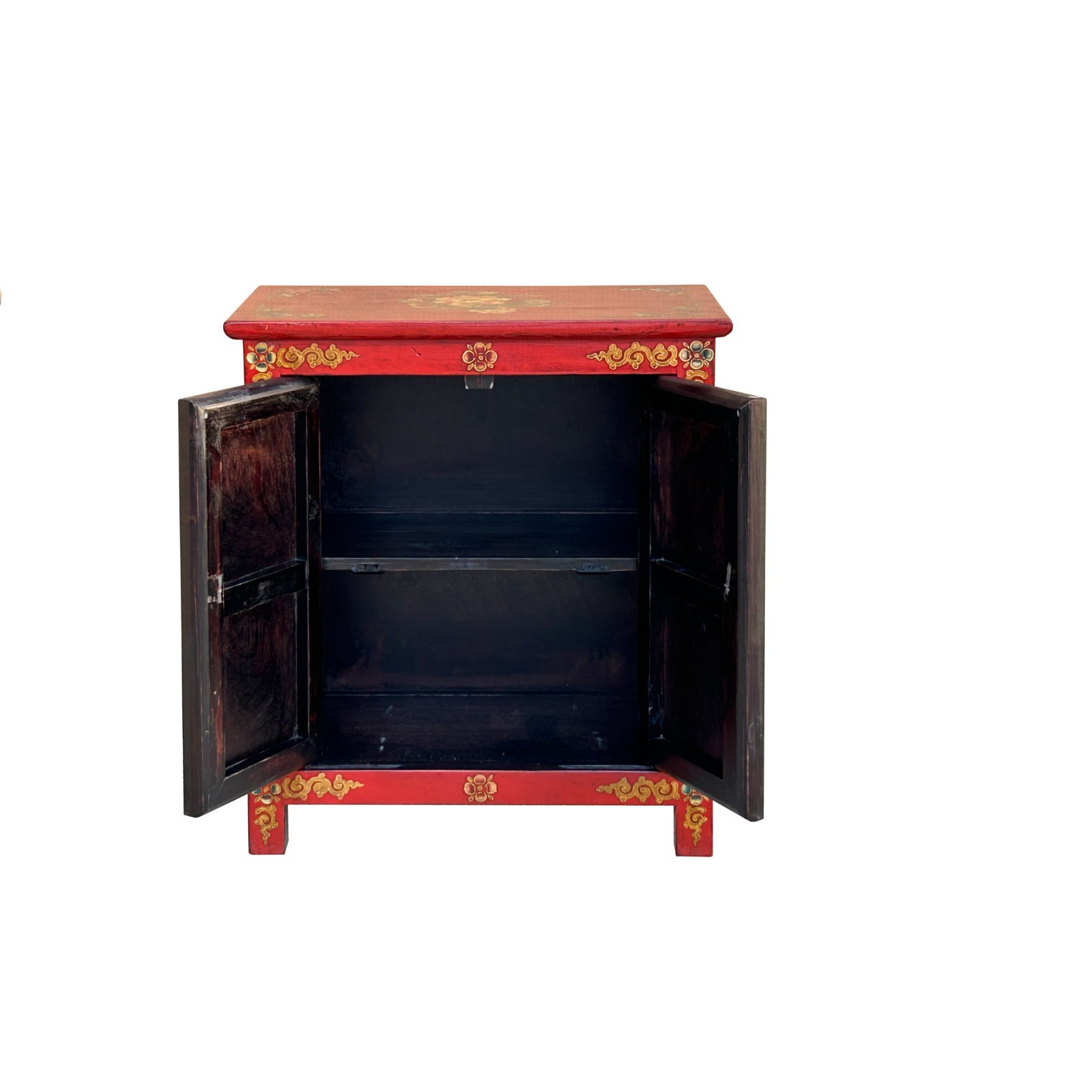 Tibetan Oriental Black Red Foo Dogs Lions End Table Nightstand GB164
