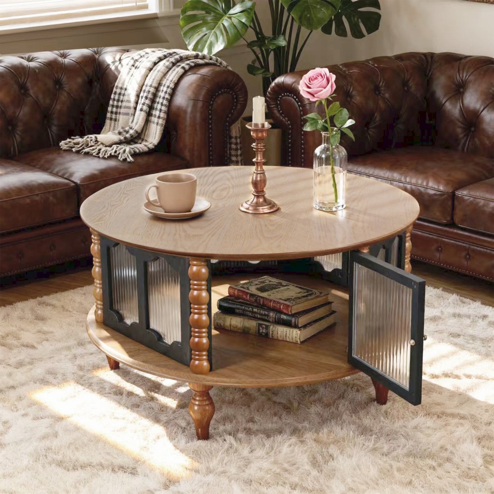 31.5 in Round Three-Door Storage Coffee Table Real Wood Veneer Coffee Table