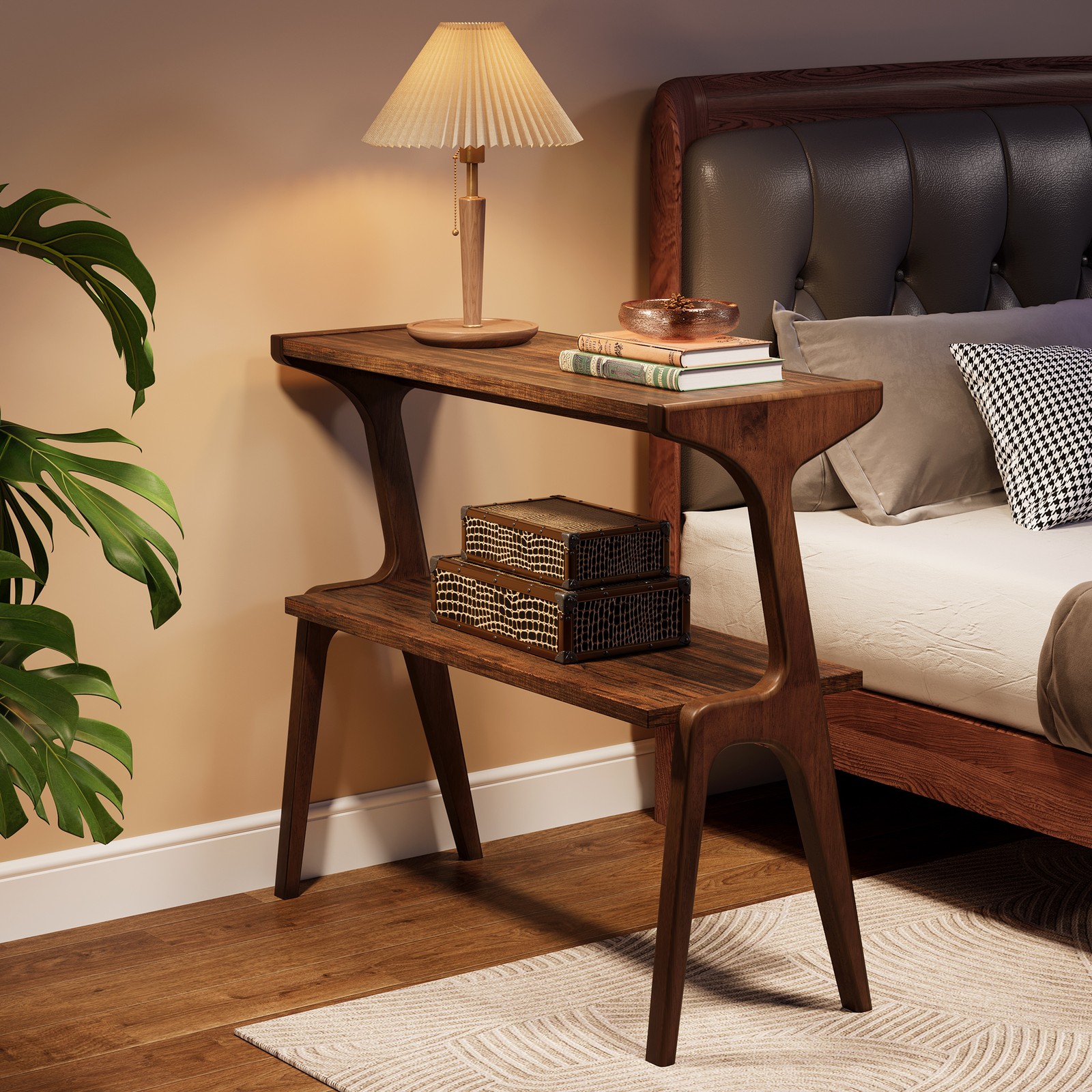 Solid Wood End Table, 2-Tier Side Table with Storage Shelf for Living Room,Brown
