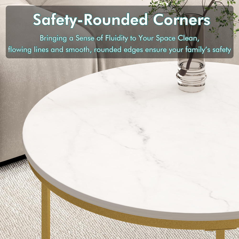 Nesting Coffee Table Set of 2, Round Marble Top with Metal Frame, White