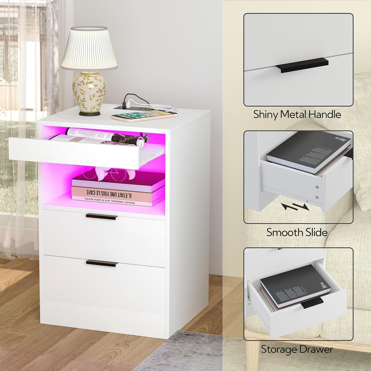 Yusong LED Nightstand Bedside Table with 13.8″D x 15.8″W x 23.6″H, White