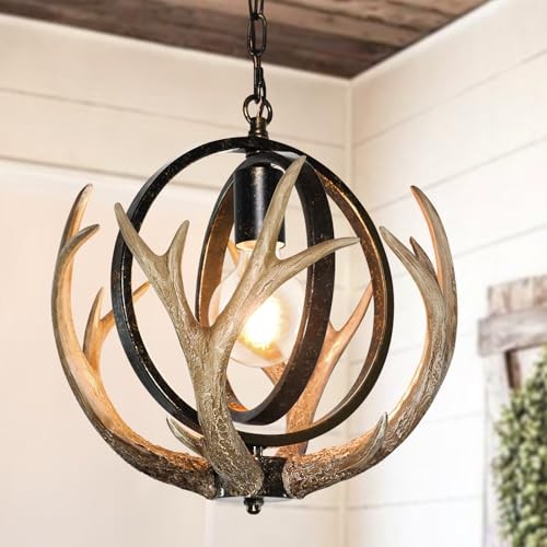 Rustic Antler Chandelier, 14″ Farmhouse Chandelier with Resin 4 Antlers 1 light