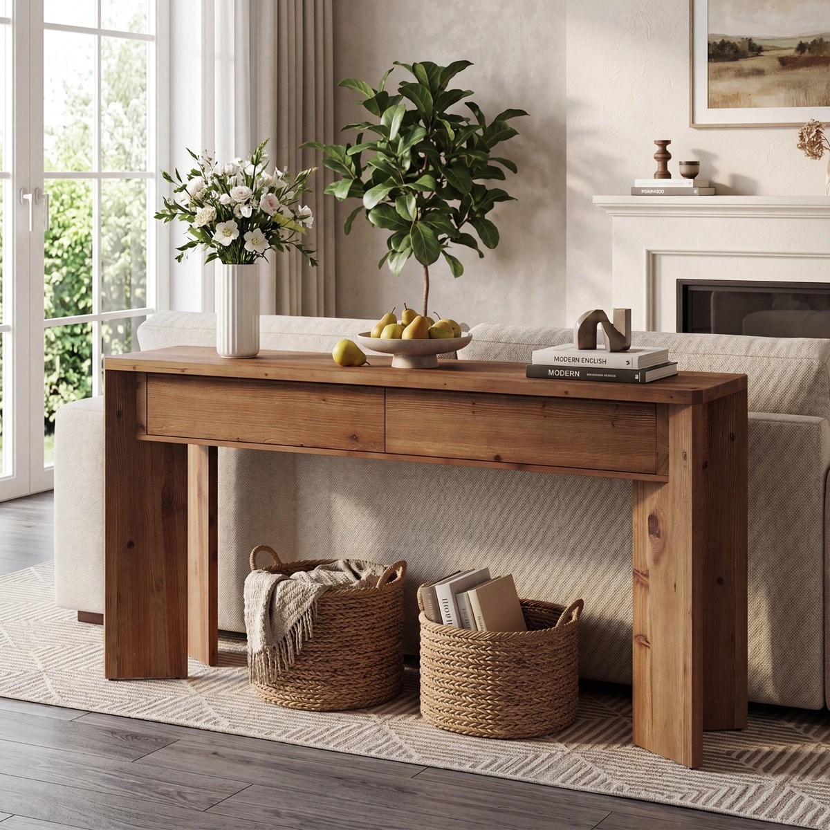 Solid Wood Console Table with 2 Drawers, 63 inch Long Entryway Table for Hallway