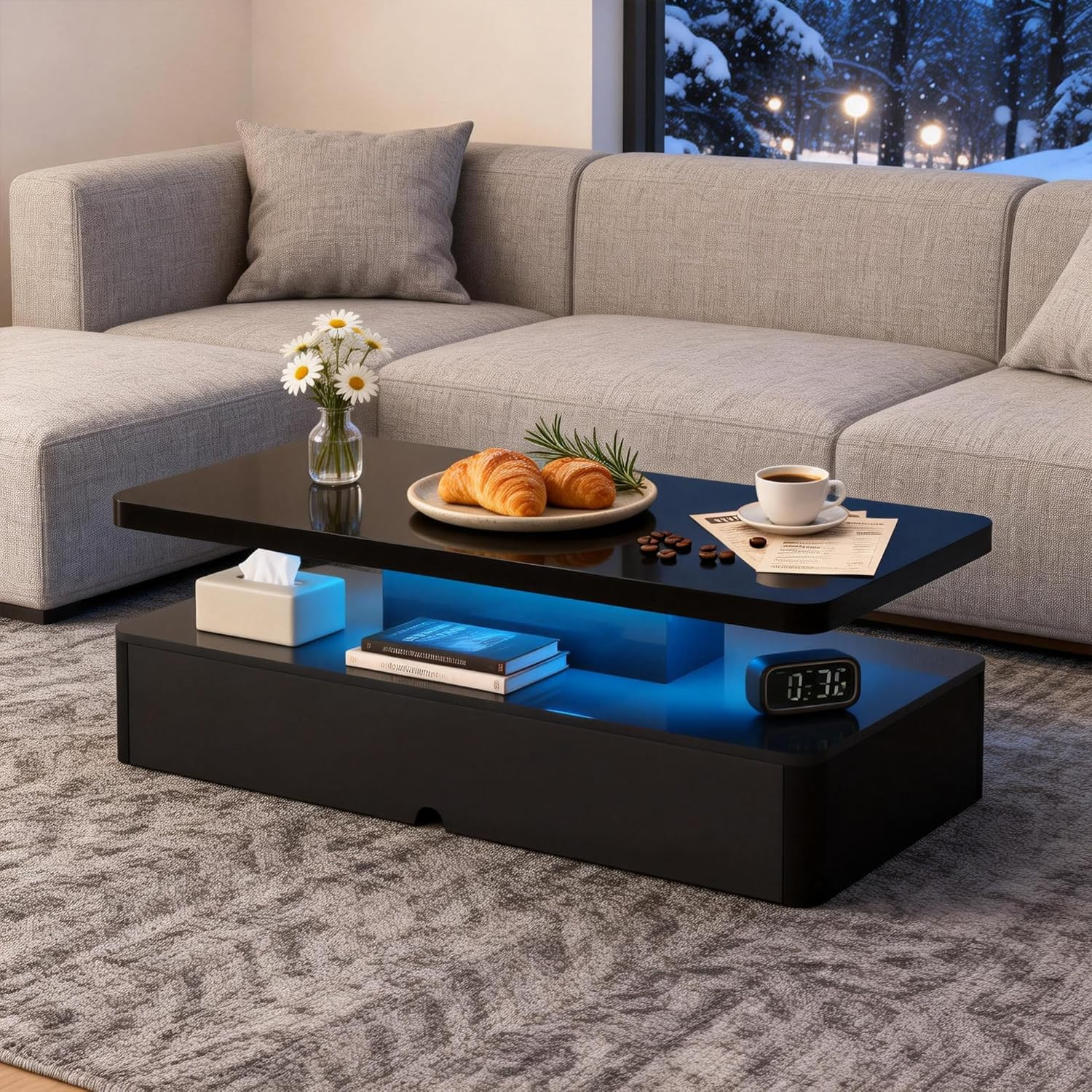 47″ LED Coffee Table with Storage, Modern High Glossy Design for Living Room