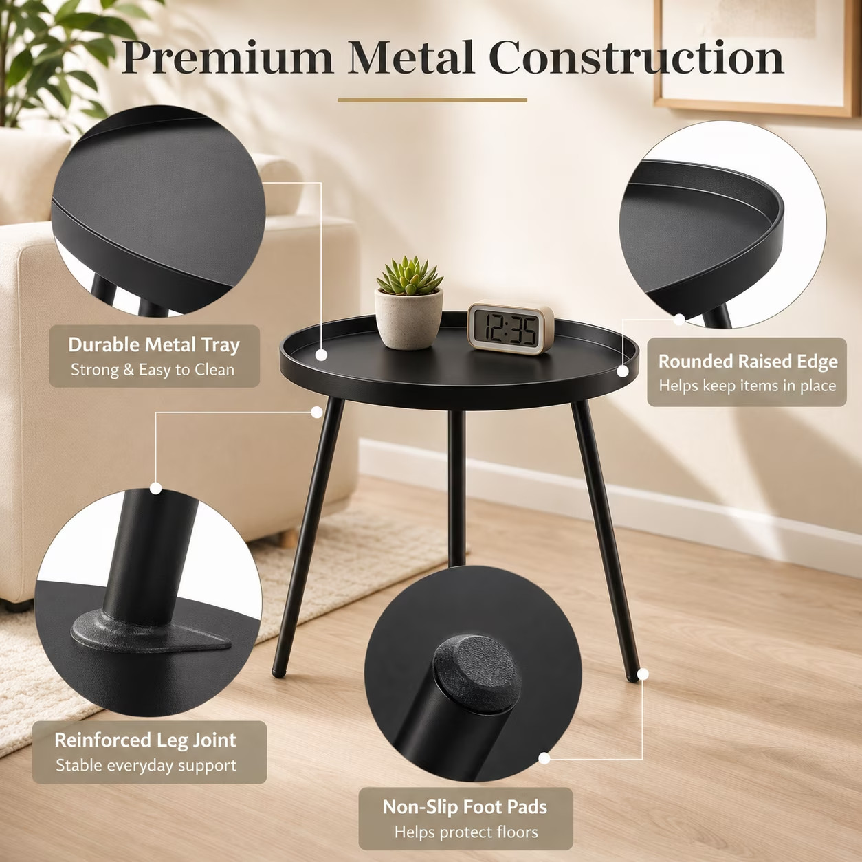 MEHOOM Round Metal Side Table Matte Black End Table Indoor FREE SHIP