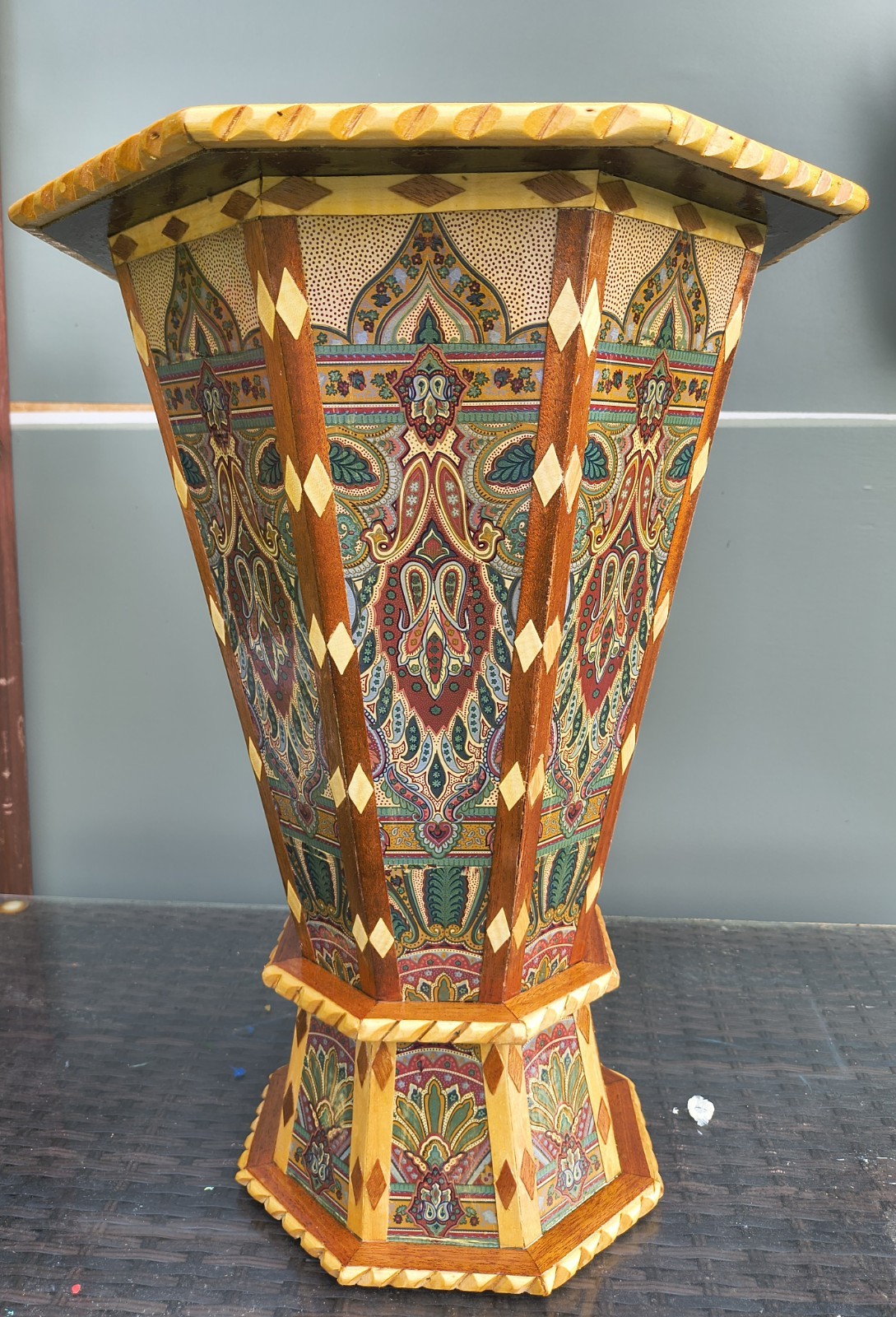 Unique Moroccan Wood Side Table – Hand-Carved Artisan Geometric Design 23″x17″