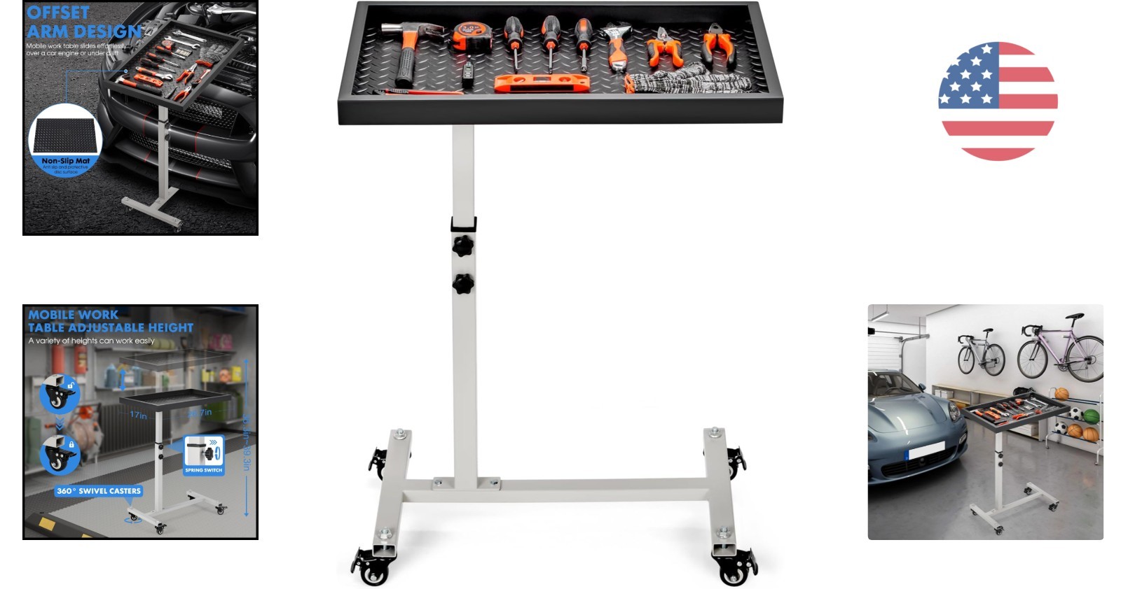 Ergonomic Rolling Tool Tray Table – 220LBS Capacity Adjustable Height Workbench