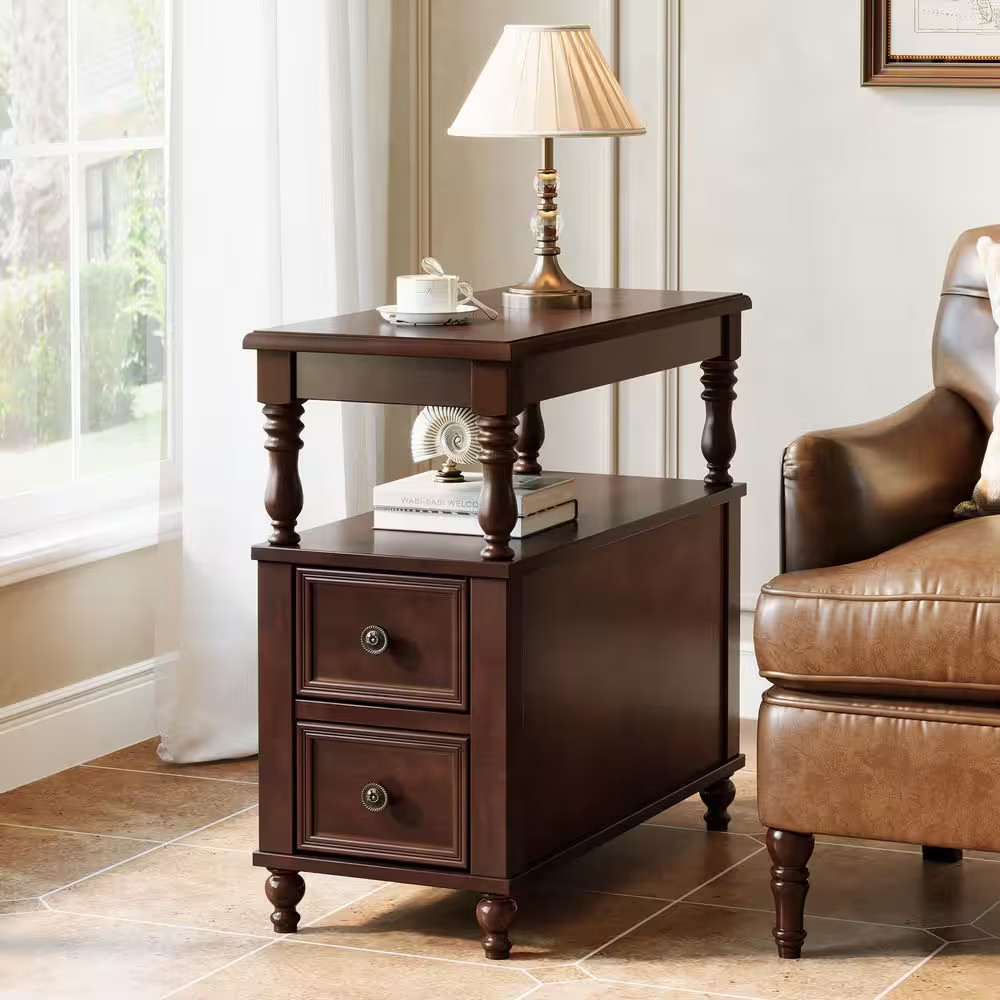 Kerlin 11.81In.W X 23.62In.D Vintage Brown Rectangle 2-Drawer Solid Wood End Tab