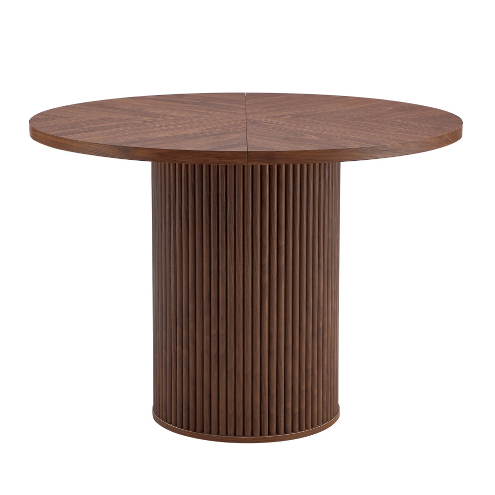A modern spliced circular dining table with a diameter of 42 inches