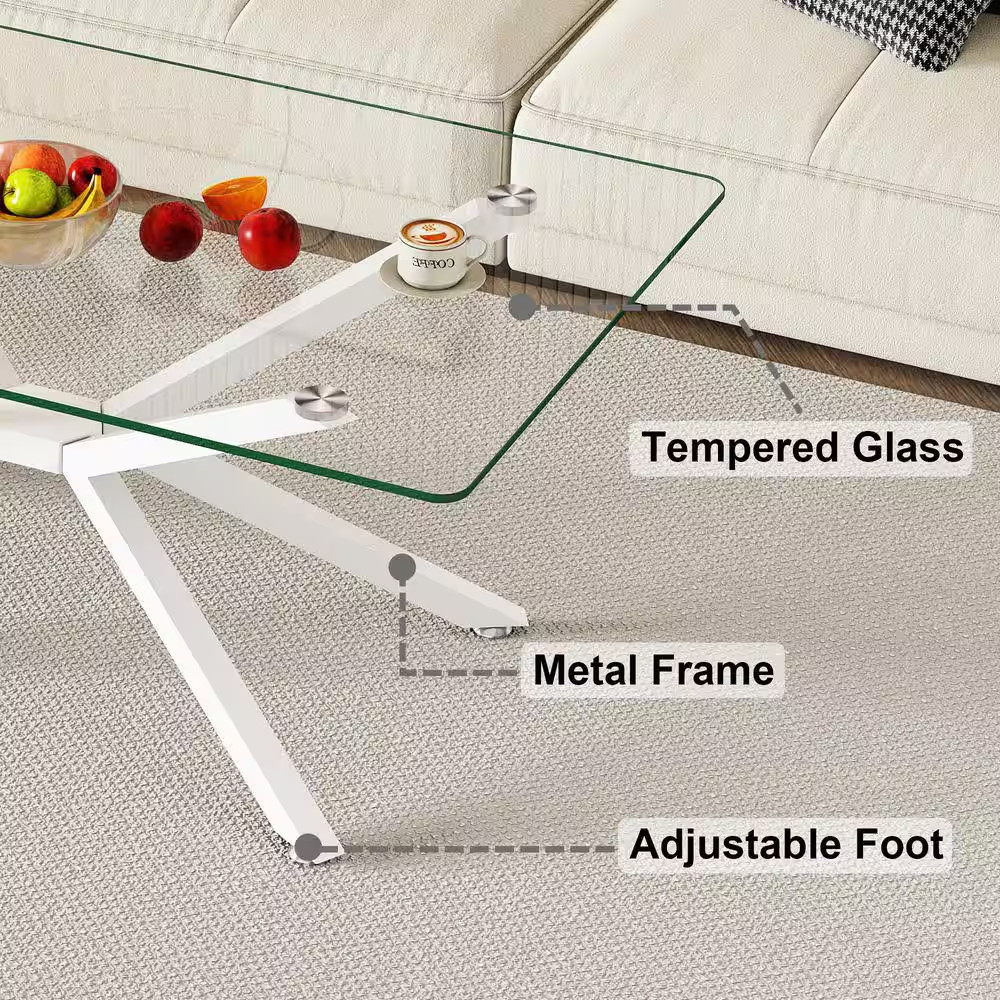 Modern Living Room Center 39 In. White/Clear Rectangle Tempered Glass Coffee Tab