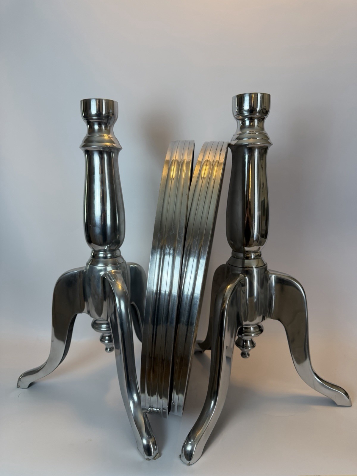 Pair Modern Sculptural Aluminum Pedestal End Tables Contemporary Designer