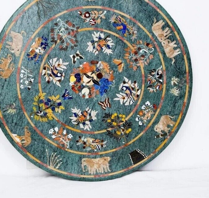 Green Marble Inlay Coffee Table Handmade Pietra Dura Art Inlay Center Table