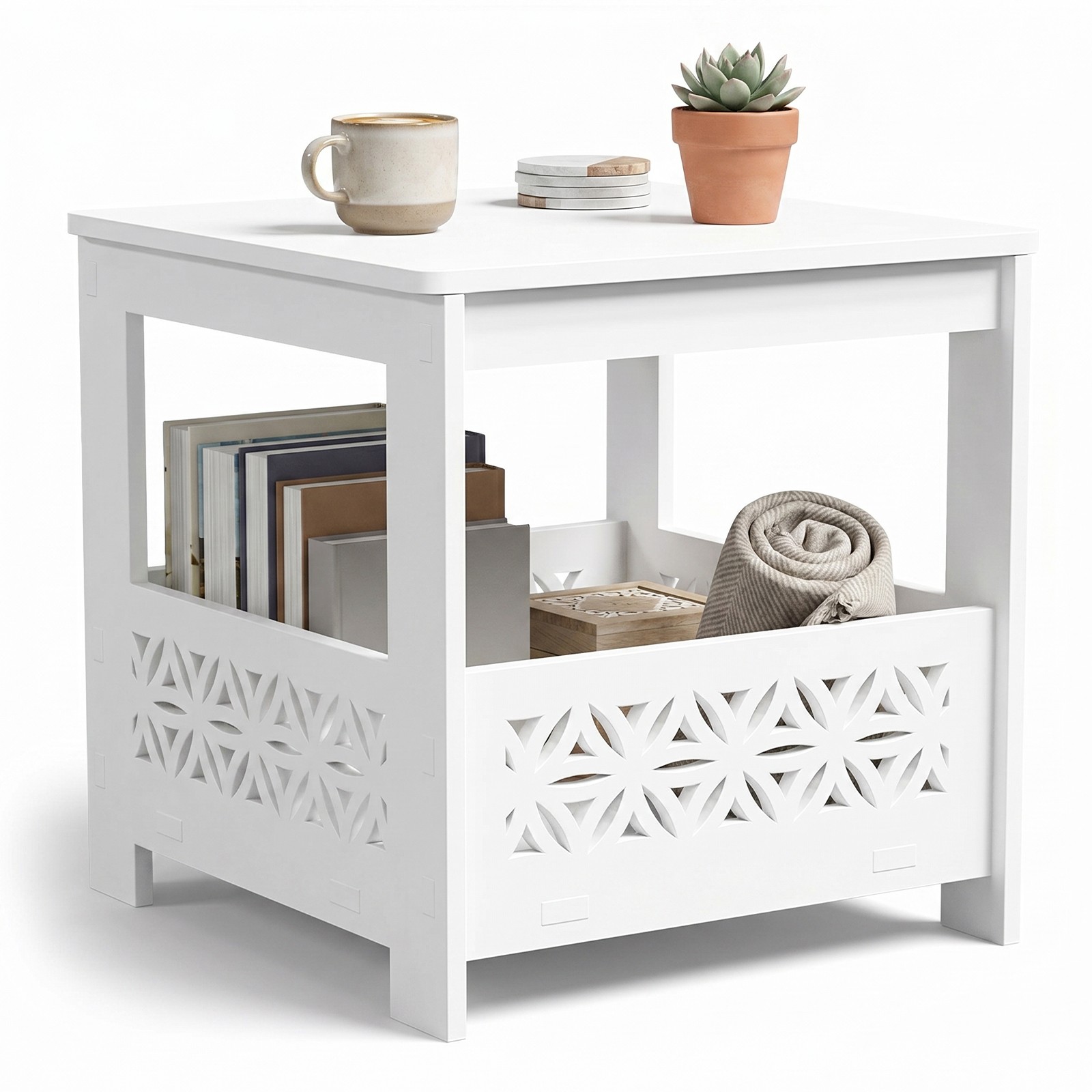 Side Table 15.6in, PVC Bedside Table with Storage Rack for Indoor Living Room