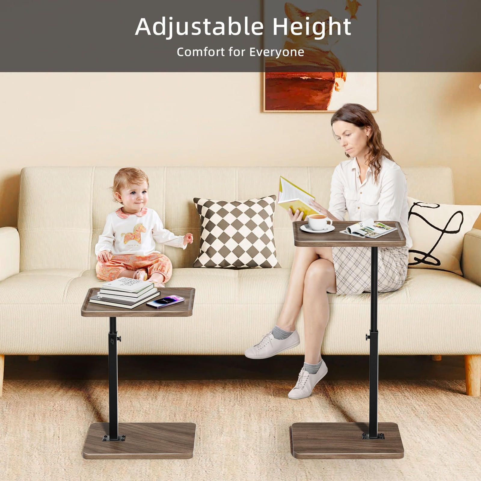 Adjustable Height C Table End Table 360 Swivel Sofa Tray Rustic Brown Home