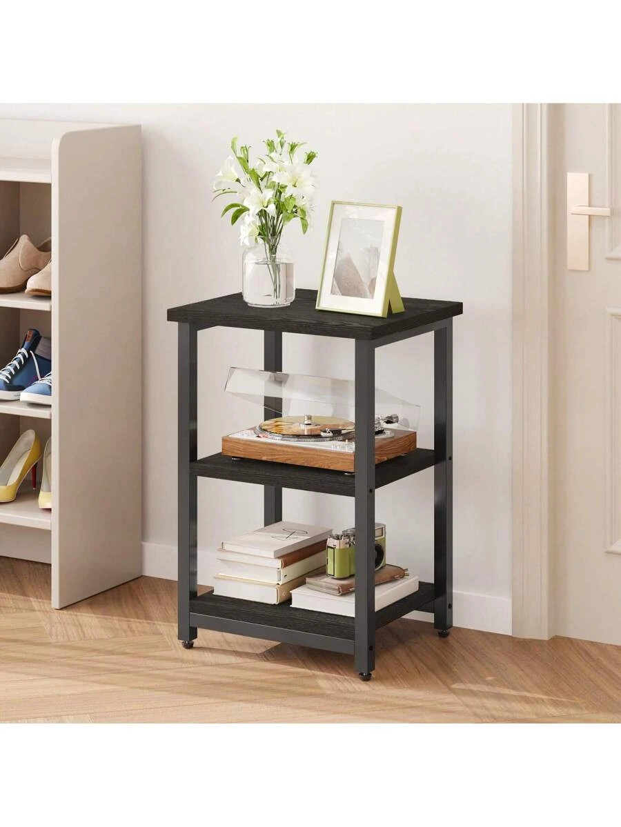 Modern 3-Tier Rectangular Side Table Black Wood Grain Living Room