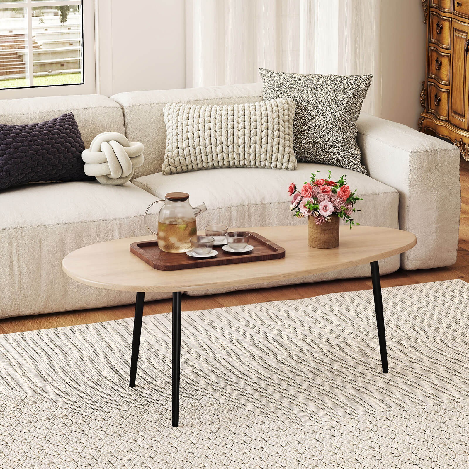 Oval Coffee Table w/Sturdy Metal Construction & Compact Design, Retro Sofa Table