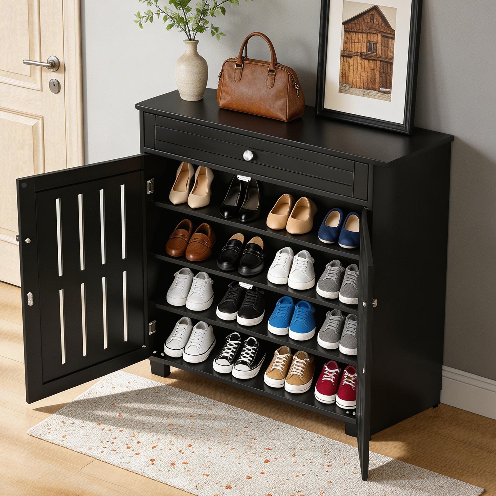 30.7in Shoe Rack Storage Organizer Cabinet Entryway Stand Table w/ Drawer Black