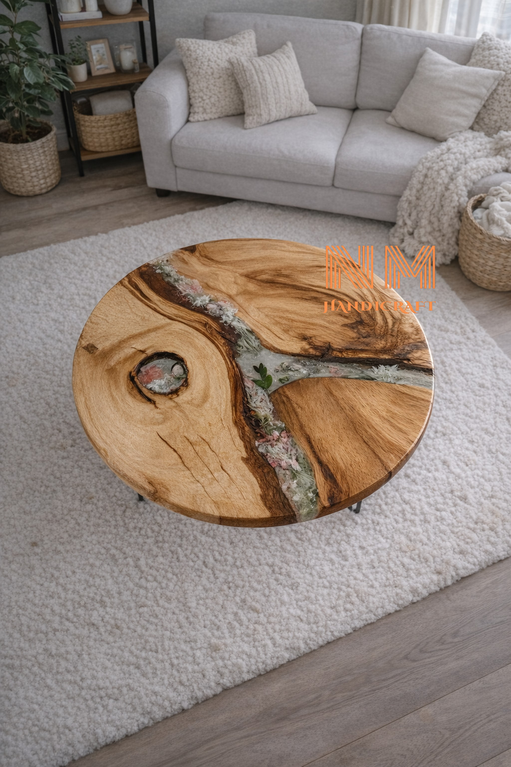 18″ Epoxy Resin Round Coffee Table With Flowers, Acacia Wood Table Top