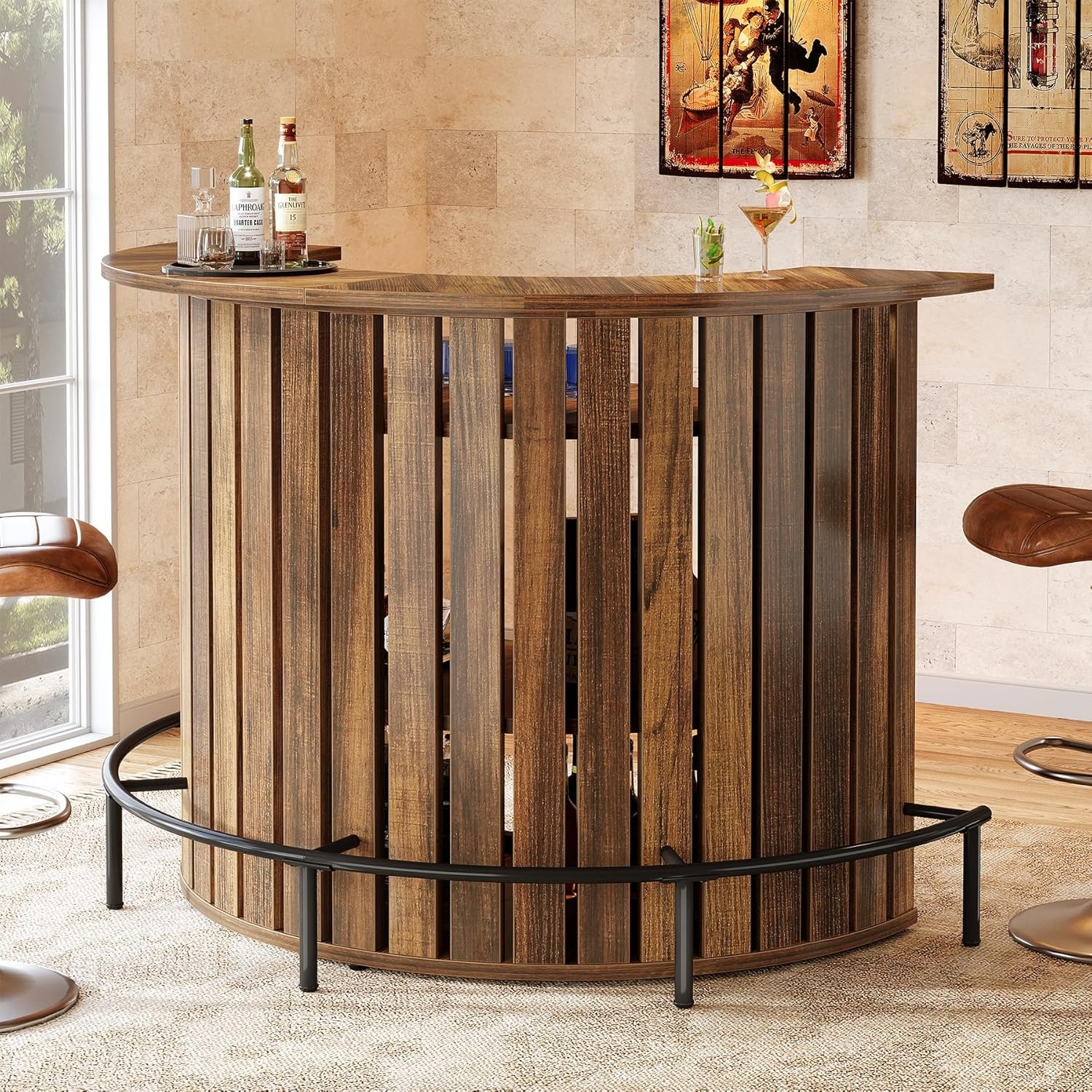 47.24″ Farmhouse Arc-Shaped Bar Table 4-Tier Mini Home Bar Cabinet with Footrest