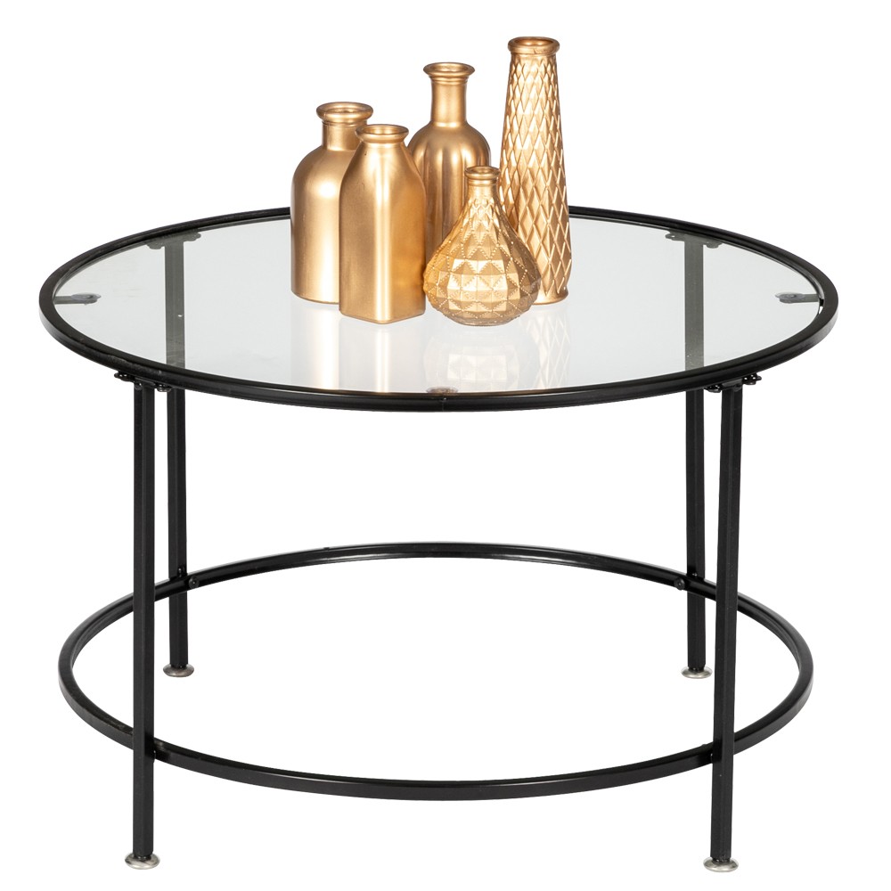 2 Layers 5mm Thick Tempered Glass Countertops Round Wrought Iron Coffee Table