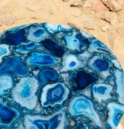 Handmade Round Blue Agate Coffee Table – Unique Natural Stone Accent for Living