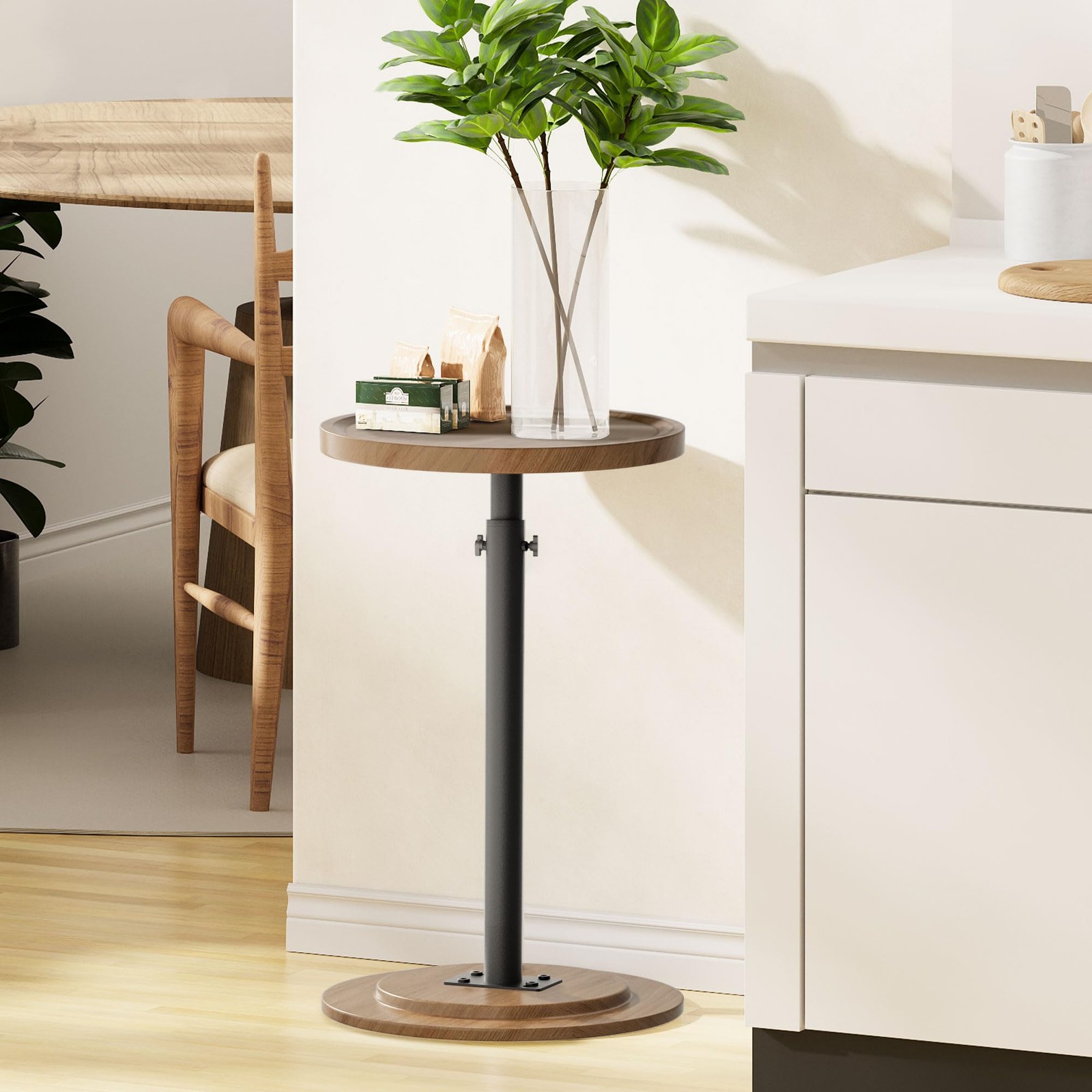 Pedestal Side Table Round Drink Table Small Space Height Adjustable Rustic Brown