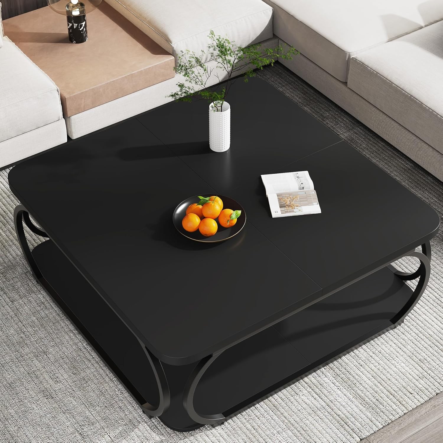 39″ Square Coffee Table with Open Storage Shelf, 2 Tier Large Wood Center Table