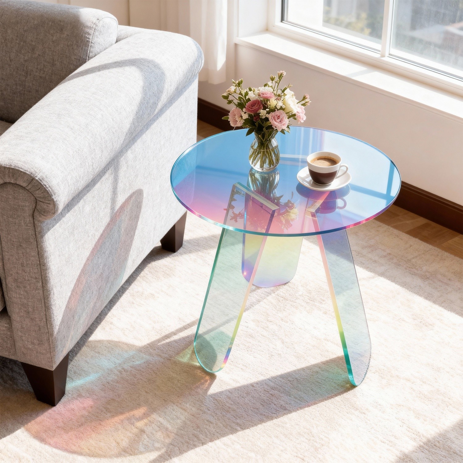 Round Iridescent Side Table Acrylic End Table w/ PVC Table Cover for Living Room